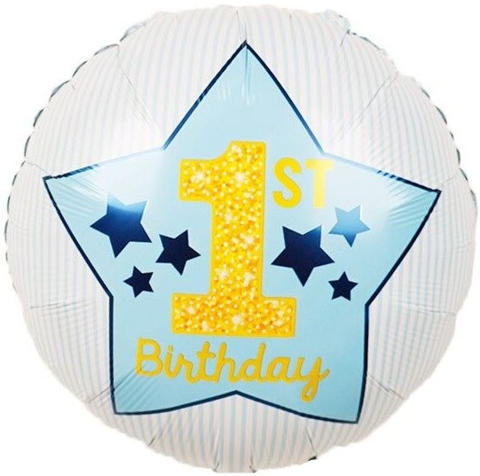 Шар Круг, 1-ый День Рождения Мальчика (звезды), Голубой (в упаковке)